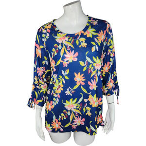 Caribbean Joe Women's Large Blue Floral Blouse 3/4 Sleeves Tie Detail NWT Cruise